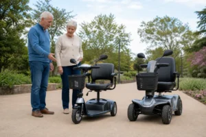 Two older adults comparing three-wheel and four-wheel mobility scooters