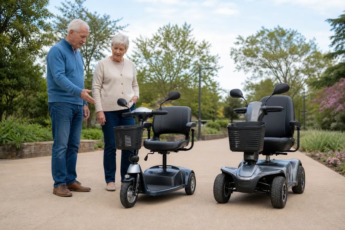 Two older adults comparing three-wheel and four-wheel mobility scooters