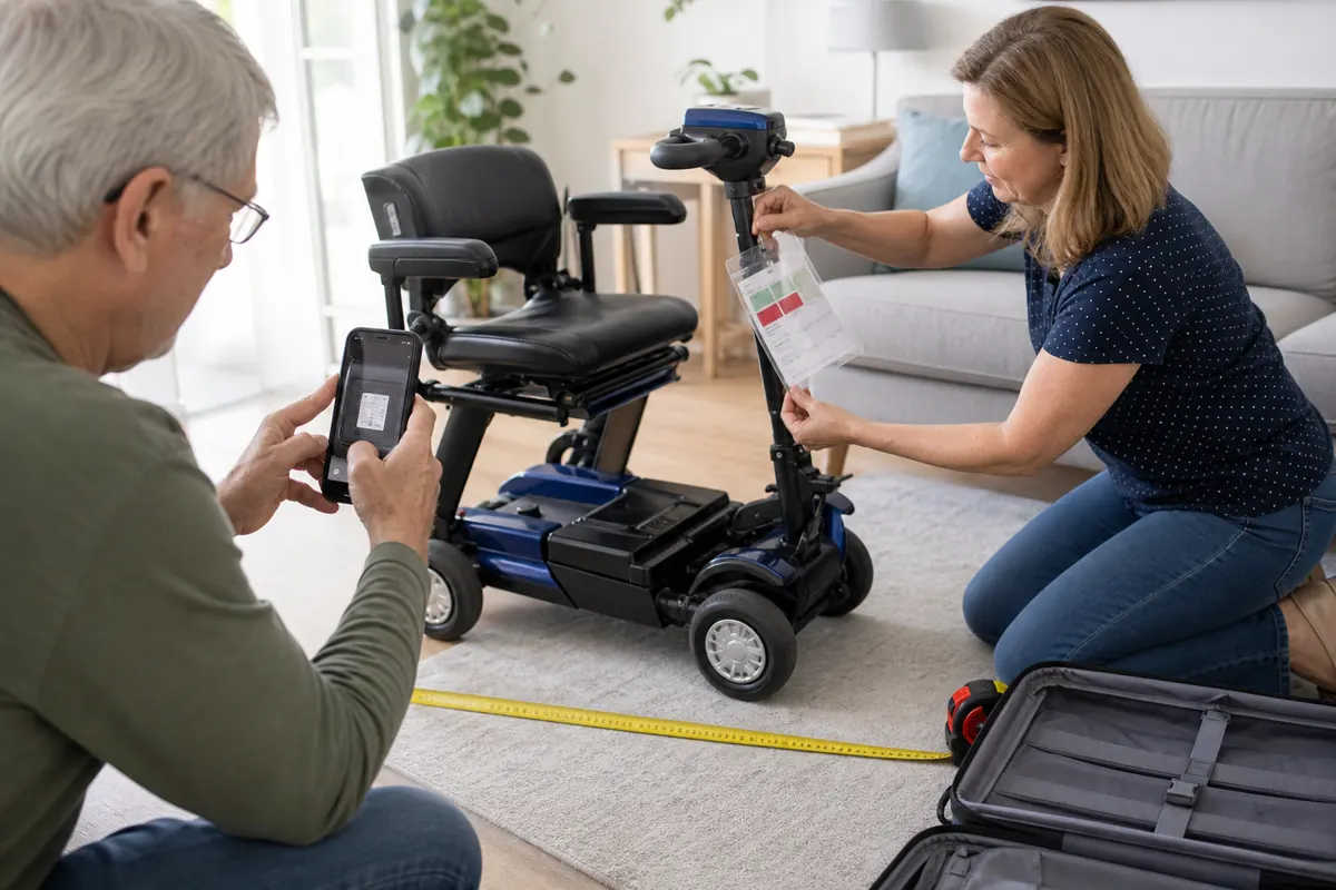 A traveler photographs a scooter battery label while preparing for a flight