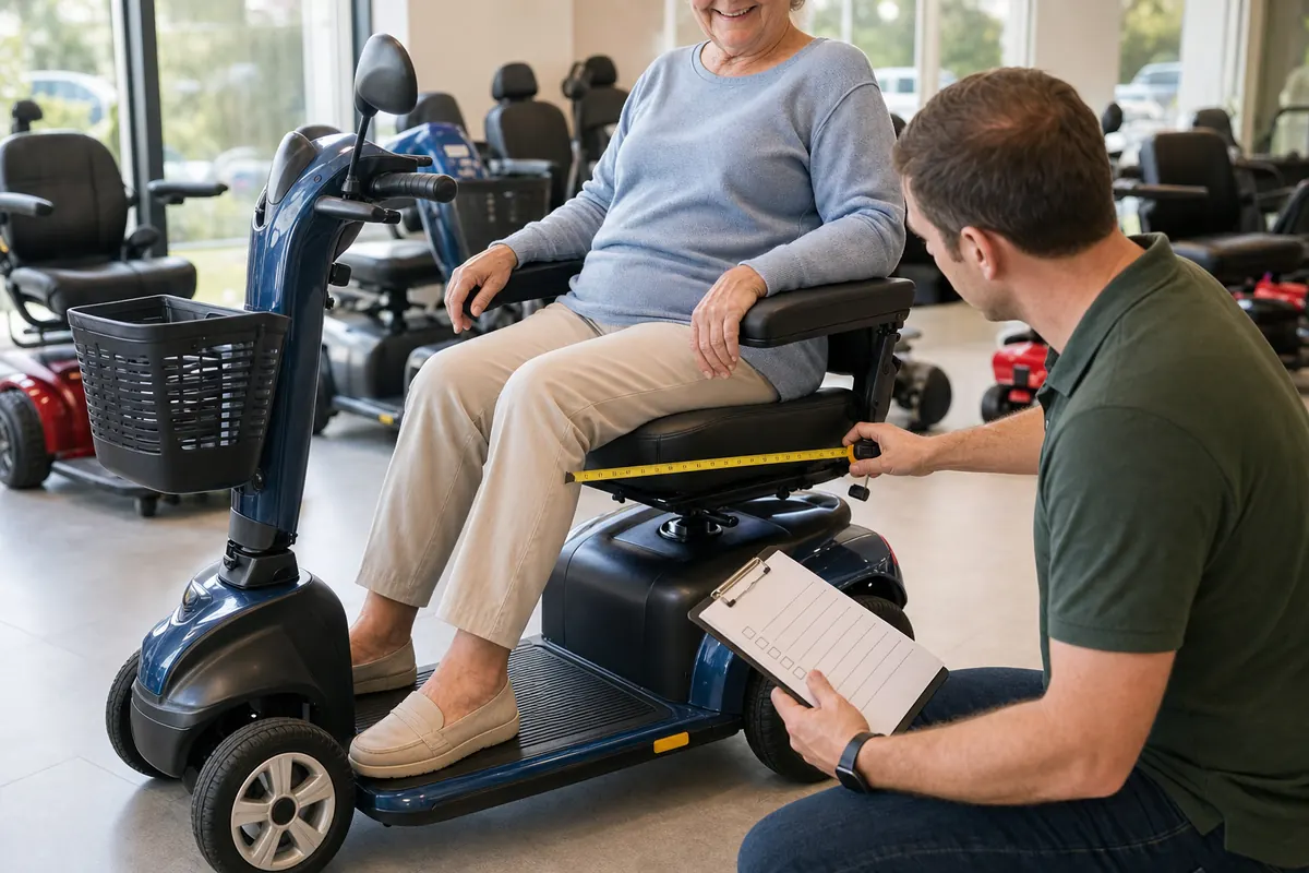 An older rider checking seat fit and tiller reach with a mobility scooter specialist