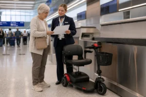 An airline employee reviewing mobility scooter travel information with a passenger