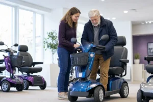 An older adult reviewing mobility scooter choices with a family member