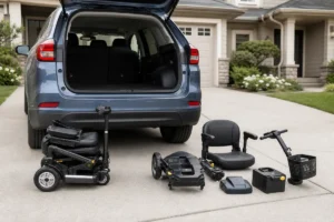 Two mobility scooters arranged for a practical feature comparison