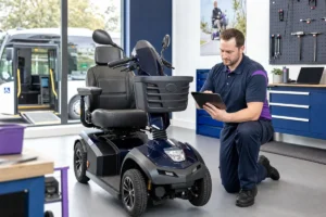 A mobility technician using digital diagnostics beside accessible transport
