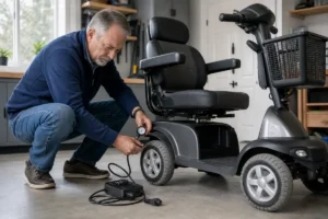 A mobility scooter owner checking tire pressure during routine care