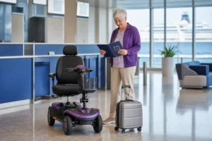 A traveler reviewing mobility scooter documentation at an airport