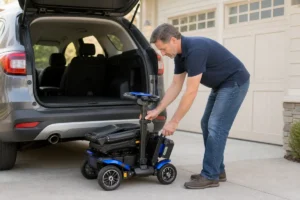 An older adult folding a compact mobility scooter beside an SUV