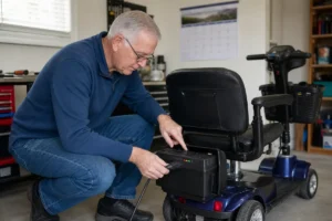 An owner checking the battery connection and charge on a mobility scooter