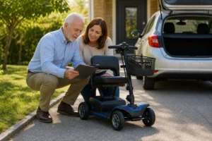An older couple using a checklist beside a mobility scooter and vehicle