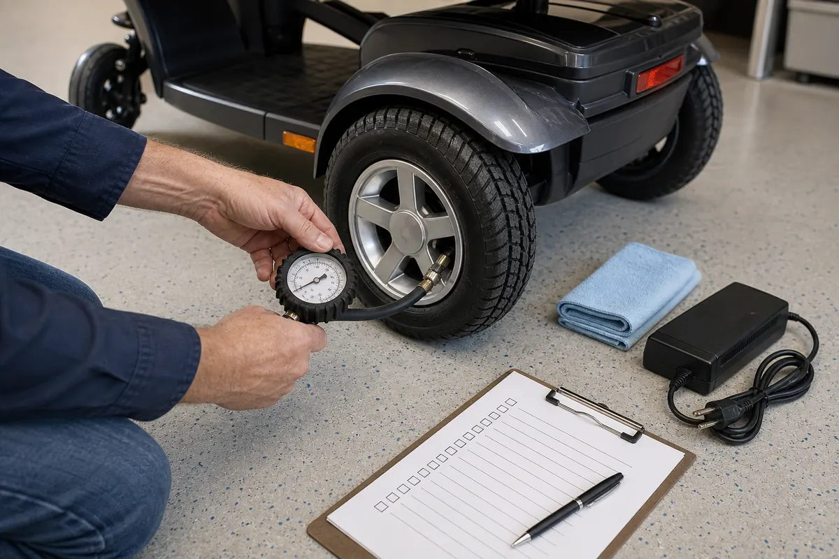 Hands checking mobility scooter tire pressure beside a maintenance checklist