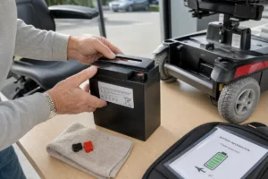 A traveler checking a removable mobility scooter battery before a flight