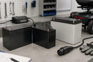 Three generic mobility scooter battery form factors on a workbench