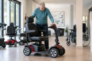 An older adult comparing a four-wheel mobility scooter in a showroom