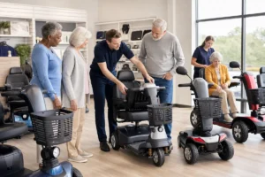 Older adults comparing modern mobility scooters in an accessible showroom
