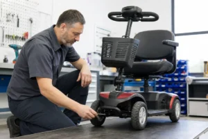 A technician inspecting the tires on a four-wheel mobility scooter