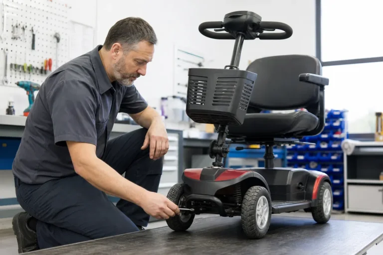 A technician inspecting the tires on a four-wheel mobility scooter