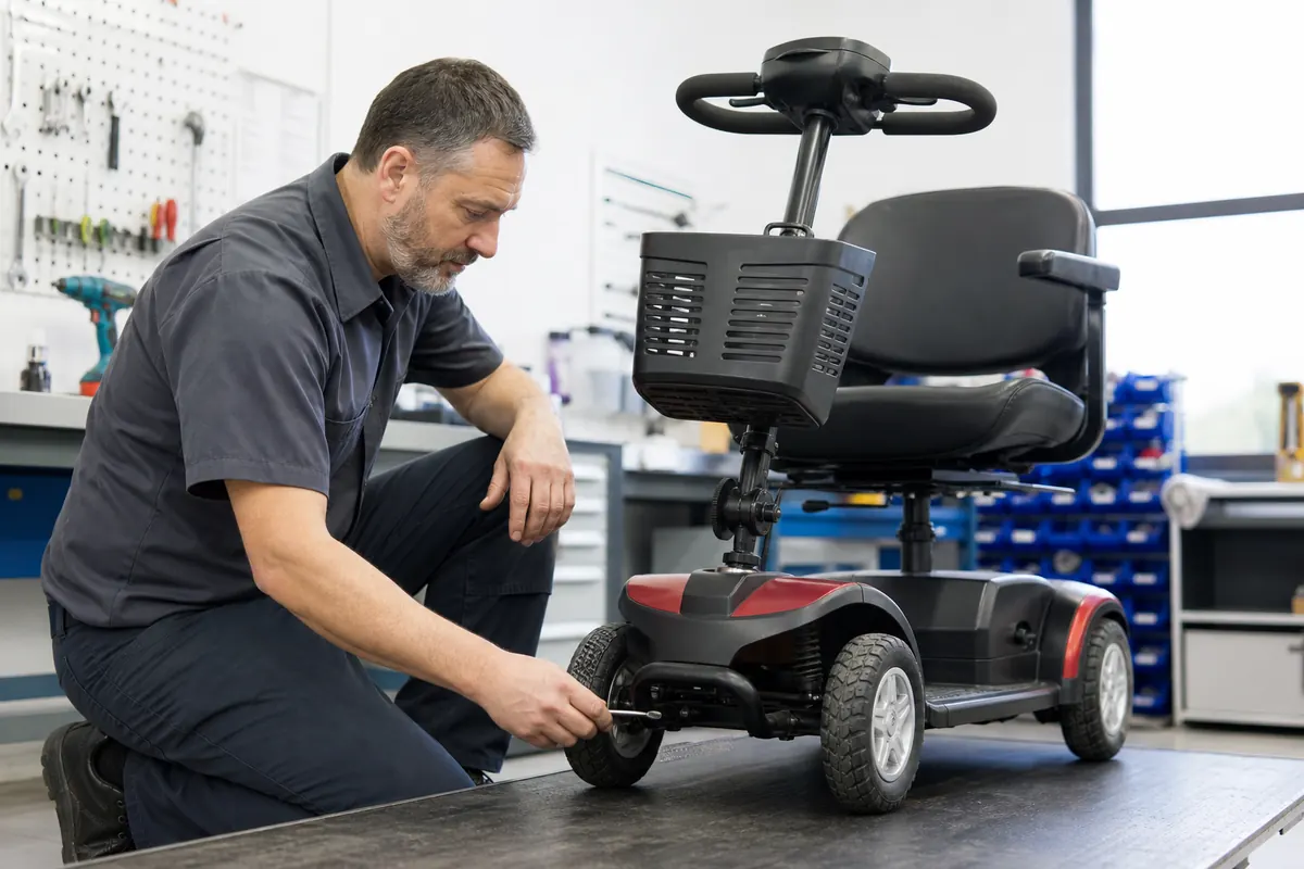 A technician inspecting the tires on a four-wheel mobility scooter