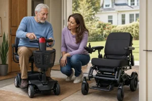A mobility scooter and power wheelchair compared at an accessible home entrance