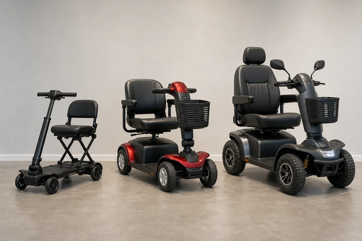 Compact, mid-size, and heavy-duty mobility scooters arranged by size