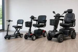 Compact, standard, and heavy-duty mobility scooters displayed side by side