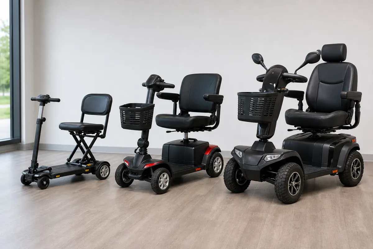Compact, standard, and heavy-duty mobility scooters displayed side by side